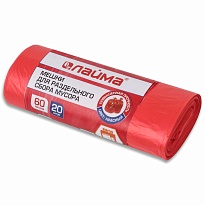 Мешки для мусора 60 л, красный, в рулоне 20 шт., ПНД, 10 мкм, 680х580 мм, LAIMA, 606702 в Актау