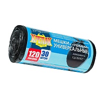Мешки для мусора 120 л, с ушками, черные, в рулоне 30 шт., ПНД, 15 мкм, 1100х700 мм, Крепак, 4607075710375 в Актау